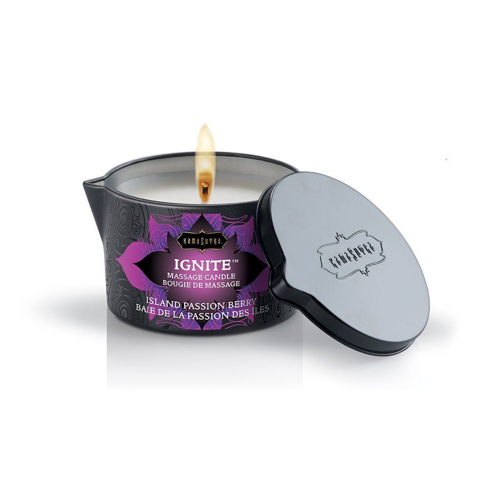 KAMA SUTRA Ignite Massage Candle - Coconut Oil and Soy Based - Island Passion Berry, 6 oz Candle Melts into a Warm Massage Oil, Couples Massage, Pour Spout Massage Candle