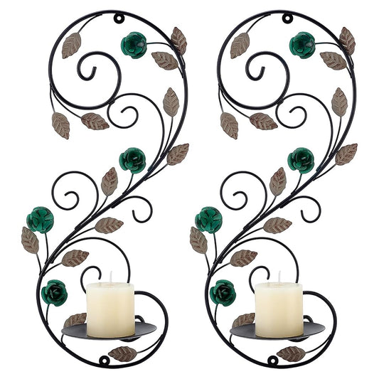 PH PandaHall Black Iron Wall Candle Sconces Set of 2, Vintage Tealight Pillar Candle Holders with Flower Leaves, Rustic Decorative Wall Mount Sconces for Living Room, Fireplace, Hallway
