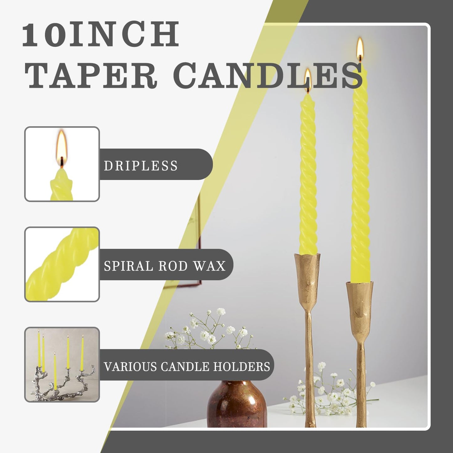 12 Pack 10 inch Yellow Spiral Taper Candles - Dripless, Smokeless, Unscented - 7 Hours Long Burning - Spiral Tall Candlesticks - Perfect for Home Decor, Weddings,Halloween, and Special Occasions.