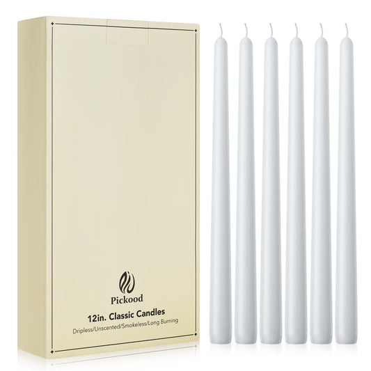 Pickood New Burning Formula Unscented Dripless 12-Inch Taper Candles Set of 12 - White, for Wedding, Dinner - Smokeless, Long Burning - Hand Poured, Colored Tall Candlesticks - Blancas
