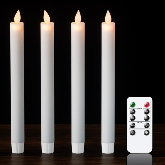 DRomance Flameless Flickering Taper Candles with 10-Key Remote and Timer Battery Operated White Real Wax LED Candlesticks Dinner Wedding Christmas Holiday Decor Candles(4 Pack, 0.78" D x 9.5" H)