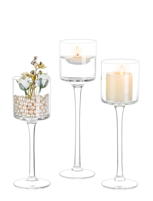 Inweder Tall Glass Candle Holder: Long Stem Floating Candle Holders for Tealight Votive and Pillar Large Clear Centerpieces for Wedding Table Party Home Set of 3