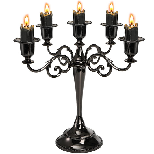 YOUEON 5 Arm Black Candelabra, Candelabra Candle Holder, 10 Inch Tall Candlesticks Holder, Elegant Taper Candle Holder Centerpiece for Wedding, Church, Halloween, Dining, Home Decor
