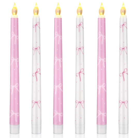 Conelist 6 Pcs Pink Bow Flameless Taper Candles 10.6 Inch Coquette LED Battery Operated Candles for Birthday Bridal Wedding Dinner Room Decor