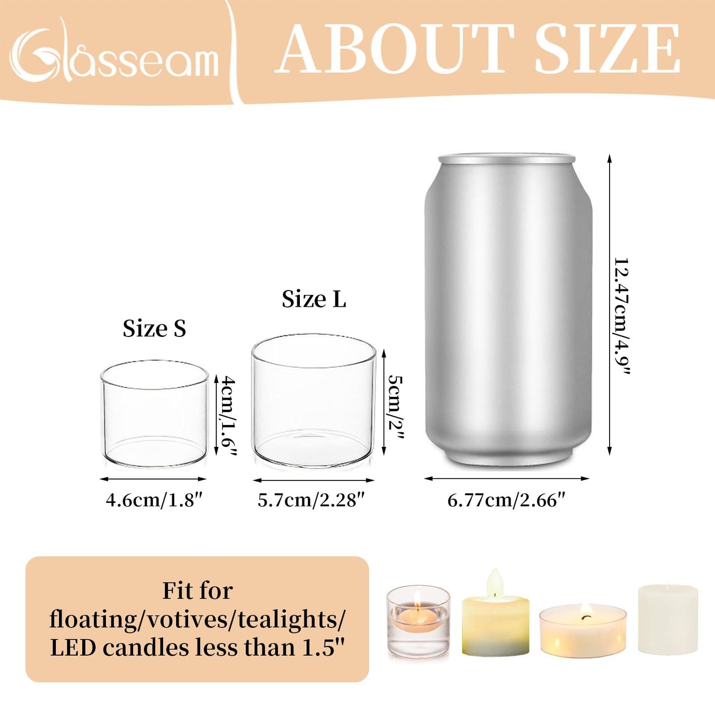 Glasseam Glass Votive Candle Holders - Clear Set of 12, Mini Floating Tea Lights for Wedding Centerpieces, Christmas Party Decorations, 1.6"+2