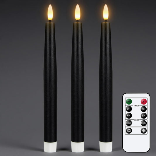 GenSwin Black Flameless Taper Candles with Remote, Halloween Flameless Candles Flickering Battery Operated, Real Wax LED Halloween Candlesticks with 3D Wick for Home Decor(Set of 3, 0.78” x 9.65”)