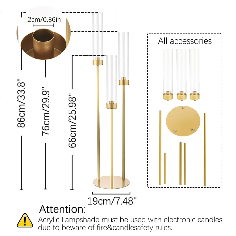 Vincidern 6pcs Candelabra 3 Arm, Wedding Centerpieces for Tables, 33.8'' Tall Candle Holder Gold Table Centerpieces for Wedding, Party, Event, with Acrylic Lampshade, Fit LED Taper Candles