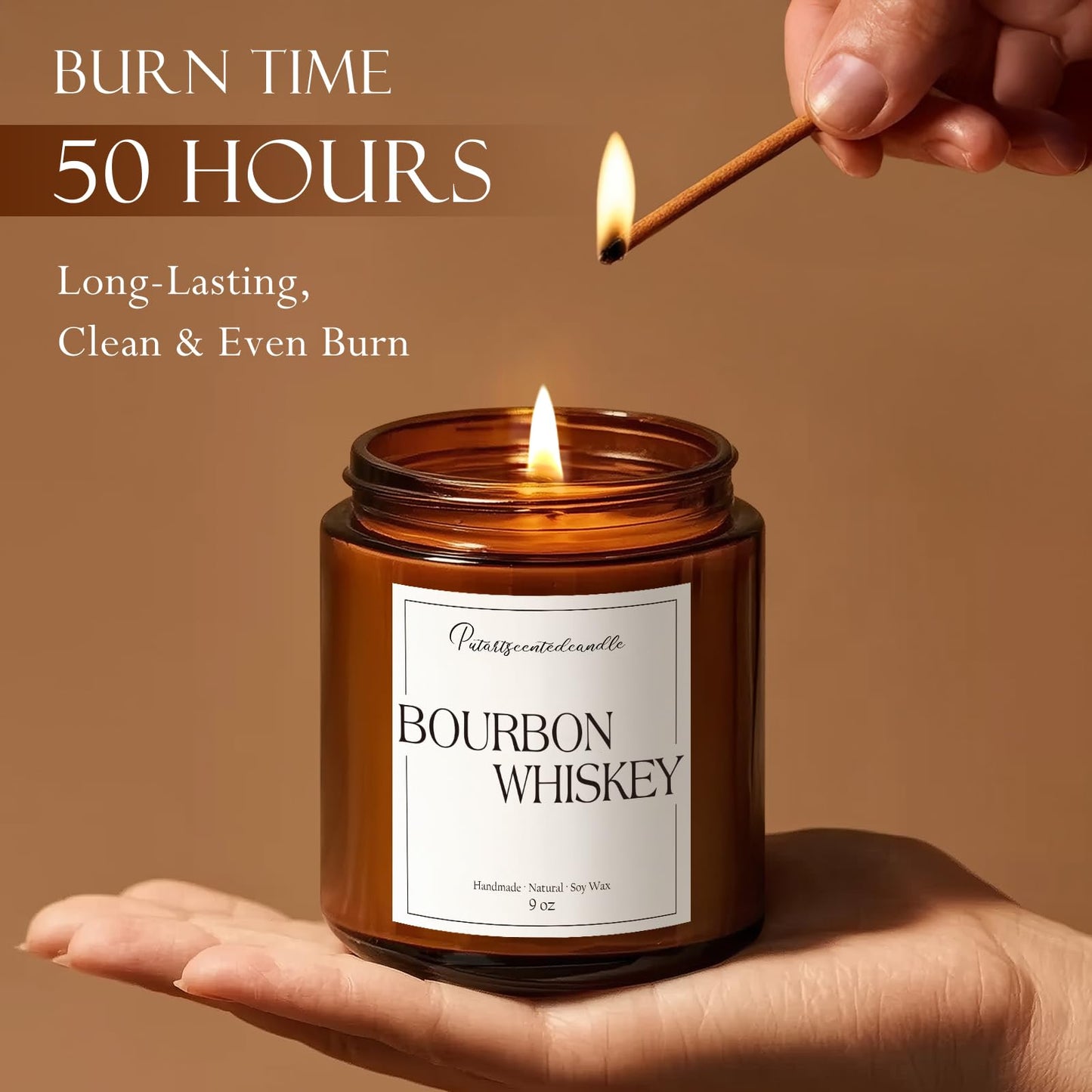 Putart Bourbon Whiskey Scented Candle for Home, Natural Soy Wax Aromatherapy Non Toxic Candle Gifts for Women & Men, Handmade Highly Scented & Long Lasting Jar Candle for Stress Relief (9oz)