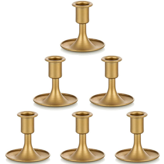 Gold Taper Candle Holder Set of 6, Hewory Short Skinny Brass Candlestick Holders, Vintage Small Low Metal Candles Sticks for Wedding Centerpieces Christmas Birthday Party Holiday Dining Table Decor