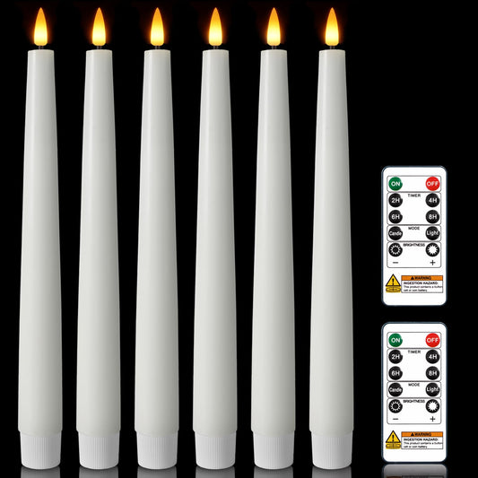 Homemory 9.6 Inches Waxy Flameless Taper Candles with Remote Timer Dimmer, Flickering LED Candlesticks, Battery Operated Window Candle for Christmas Wedding Home Decor, White, 6 Pcs