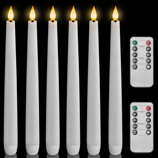 Homemory 6 Pcs Waxy Flameless Taper Candles with Remote, Led Candlesticks Classic Tall Candle, Flickering Battery Operated Taper Candles for Bedroom, Dining Room, White, 9.6 inches