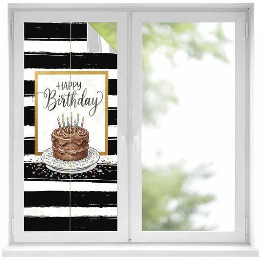 Happy Birthday Privacy Window Film, Watercolor Cake Colored Candle Candy Black Stripes Stained Glass Film Non-Adhesive Window Clings, UV Blocking Static Sticker Covering Reusable for Home 19.6x39.3in