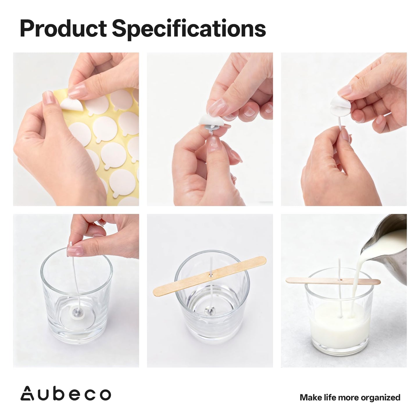 Aubeco 80 Pcs 4/6/8 inch Pre Waxed Candle Wick with 80 pcs Wick Stickers and 10Pcs Candle Wick Holders, Bulk Cotton Candle Wicks for Candle Making, Soy Wax