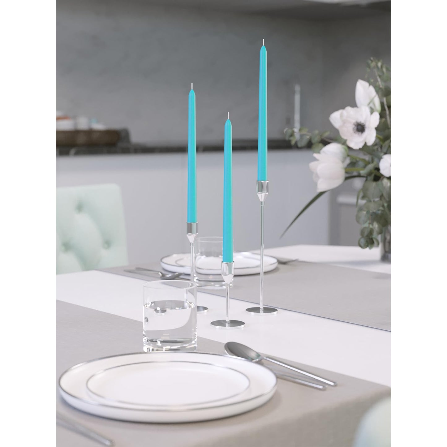 CANDWAX 8 inch Turquoise Taper Candles Pack of 4 - Unscented Smokeless Dripless Tall Candlesticks - Perfect for Holidays, Ordinary Dinners and Special Occasions - Teal Taper Candles