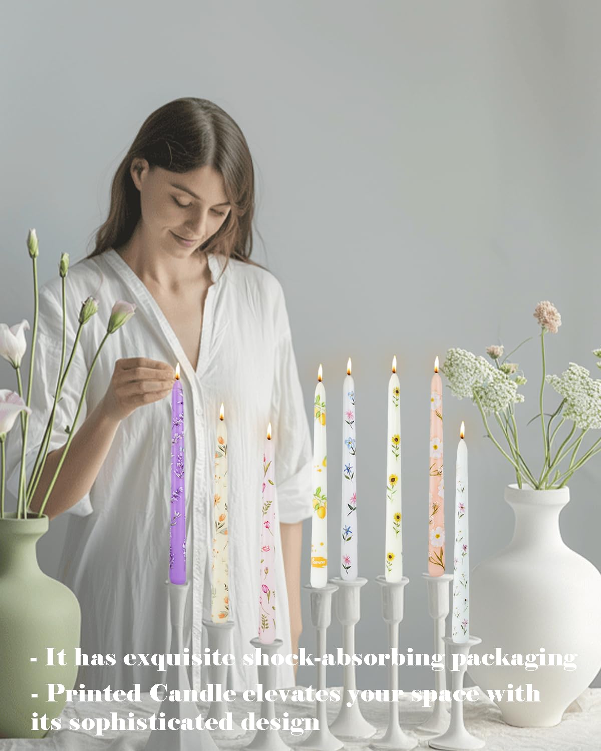 Long Candle Sticks Floral Taper Candle Dripless Candlesticks 10inches Flower Unscented Tapered Candles for Home Party Wedding Restaurant Holiday Decor-4pcs