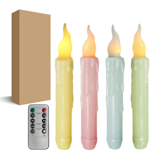 Pastel Candy-Colored Flameless Short Taper Candles, Real Wax Hand Dipped LED Battery Operated with Remote, Flickering Flame Lights for Festival Home Décor, 6.7 Inch Primitive Flameless Candles, 4PCS