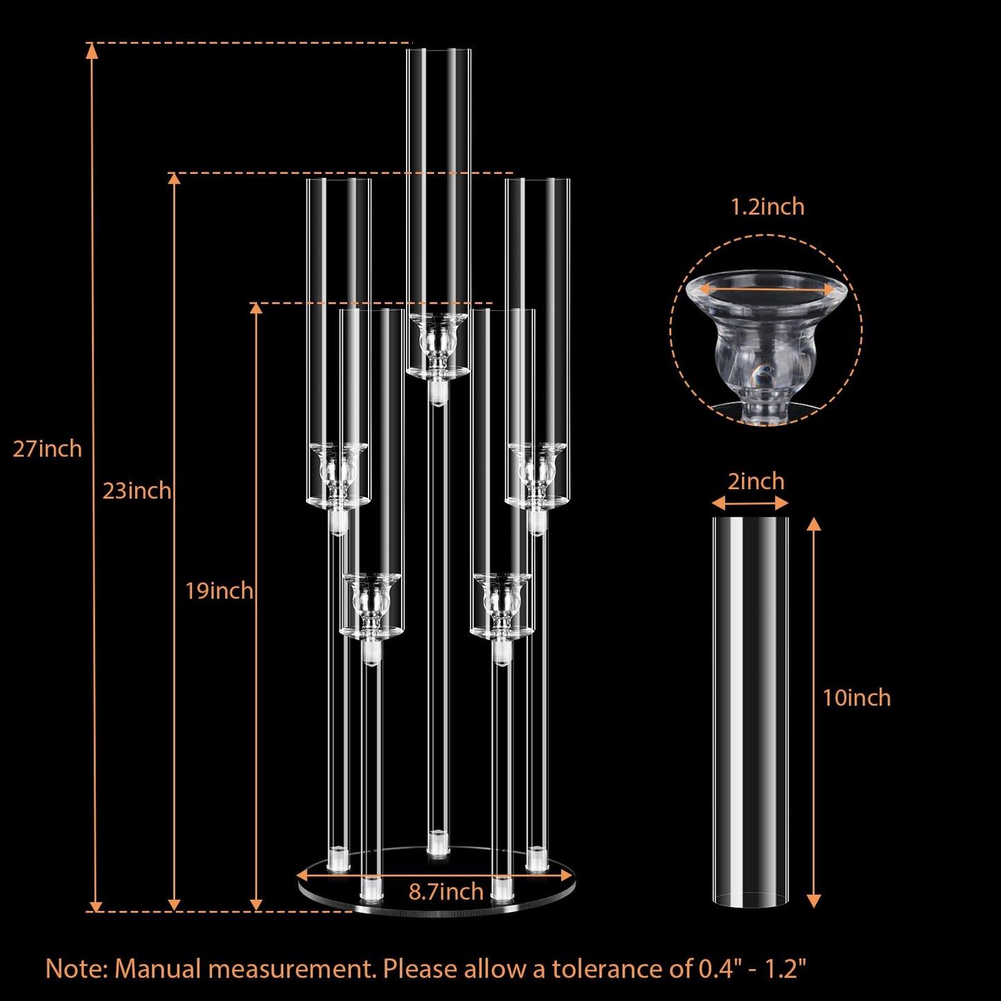 8 Sets 5 Arms Acrylic Candelabra Centerpieces for Tables,Clear Candle Holder for Wedding,Ceremony Dinner Party, 27" Tall Candlestick Holders with Lampshade,Fit LED Candle