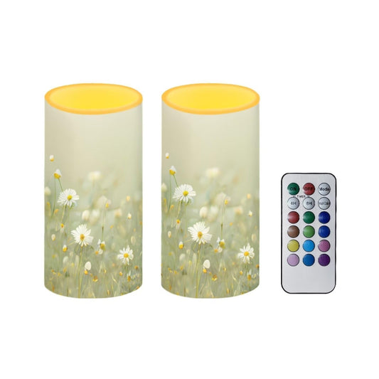 NETILGEN Flameless LED Battery Candles 2 PCS Flickering Pillar Candles with 4H 8H Timer & 18 Key Remote Multicolor Lights for Indoor Outdoor Decoration, Daisy Floral Green