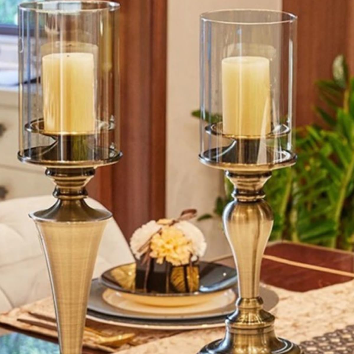 YUHUAWF Candle Holderss Creative Iron Candlestick with Glass Cover Home Dining Table Decoration Candlestick Ornaments Decorative Candlestick(Small)