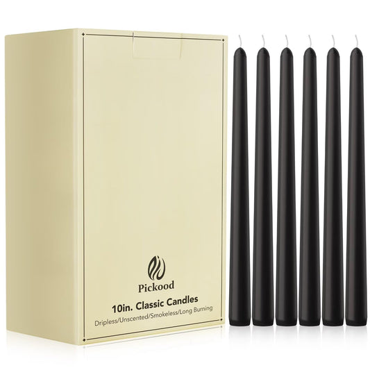 Pickood 10-Inch Tall Unscented Dripless Taper Candles Bulk 30 Pack - Black Taper Candles Bulk, Perfect for Wedding, Dinner - Smokeless, 6-8 Hour Long Burning - Colored Candlesticks Bulk - Black