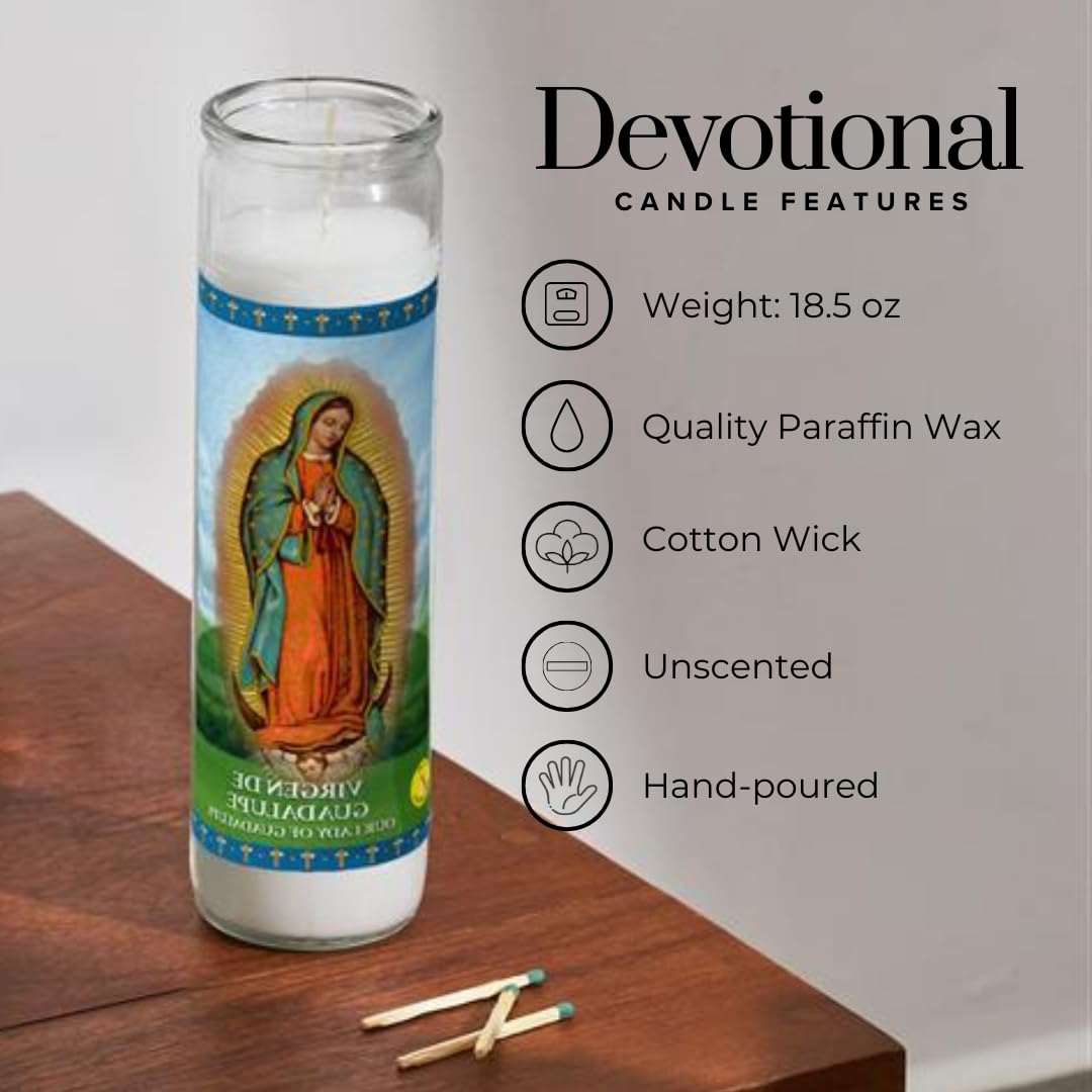Simply Soson Lady of Guadalupe Prayer Candle, 1 piece, Great for Sanctuary Vigils and Prayers, Unscented Glass Candle Set, Jar Candles, Devotional Spiritual Religious Church Cemeteries