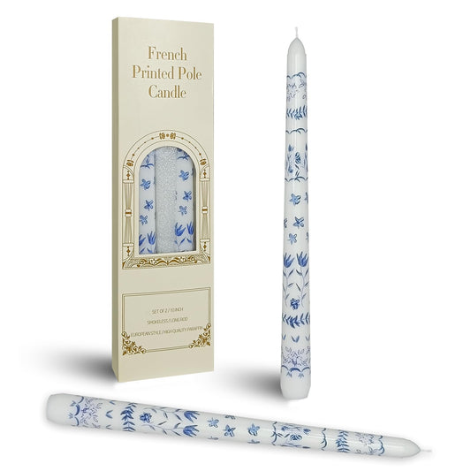 Chinoiserie Printed Taper Candle White with Blue Pastoral Floral Candlesticks 10 Inch Drip Handmade Long Tapered Candles, Set of 2 for Wedding & Home Decor Gifts