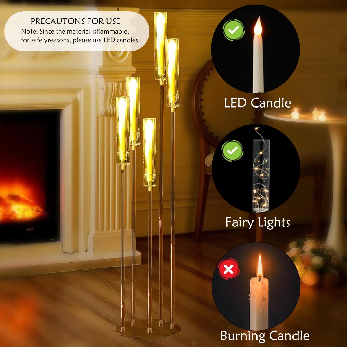 Fullvaseer 8pcs 5 Arm Floor Candelabra,Acrylic Floor Candle Holder for Wedding Centerpiece Tall Clear Candle Holders for Ceremony Birthday Party Home Decoration Fit 0.8 LED Candles