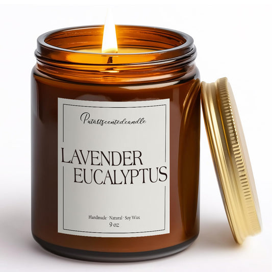 Putart Lavender & Eucalyptus Scented Candles for Home, Natural Soy Wax Aromatherapy Non Toxic Candle Gifts for Women Men, Home Fragrance Decoration Glass Jar Candle for Meditation and Relaxation (9oz)