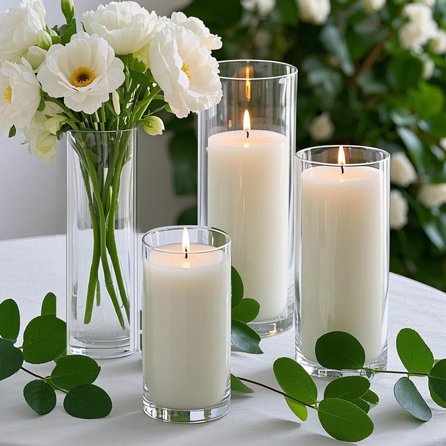 Homjoy 12 PCS White Pillar Candles with Glass Candle Holders Clear Hurricane Candle Holders Glass Cylinder Vases for Centerpieces Wedding Party, Event, Home Office (6 Candles+6 Candle Hoders)