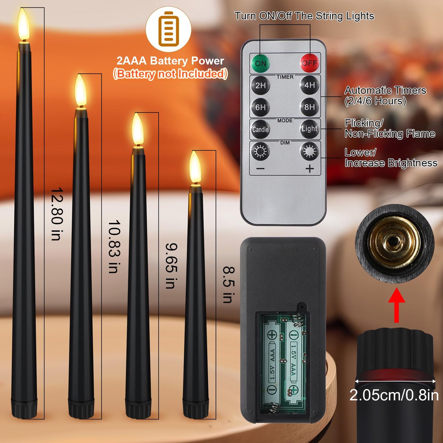 Rossesay 28 Pcs Flameless Taper Candles with Timer Remote 4 Sizes of 8.5", 9.6", 10.83", 12.8" LED Flickering Taper Candles Battery Operated for Valentine's Day Church Wedding Home Decor(Black)