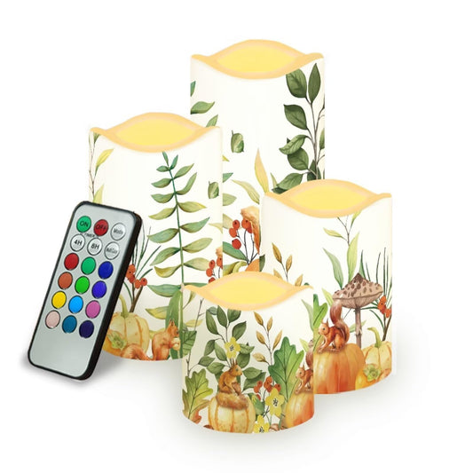 Ystardream Squirrel Pumpkin Flameless Candles Set of 4 Christmas Thanksgiving Candles Flickering LED Candles Plastic Moving Candle with Remote Color Changing & Timer Fall Outdoor Decorations