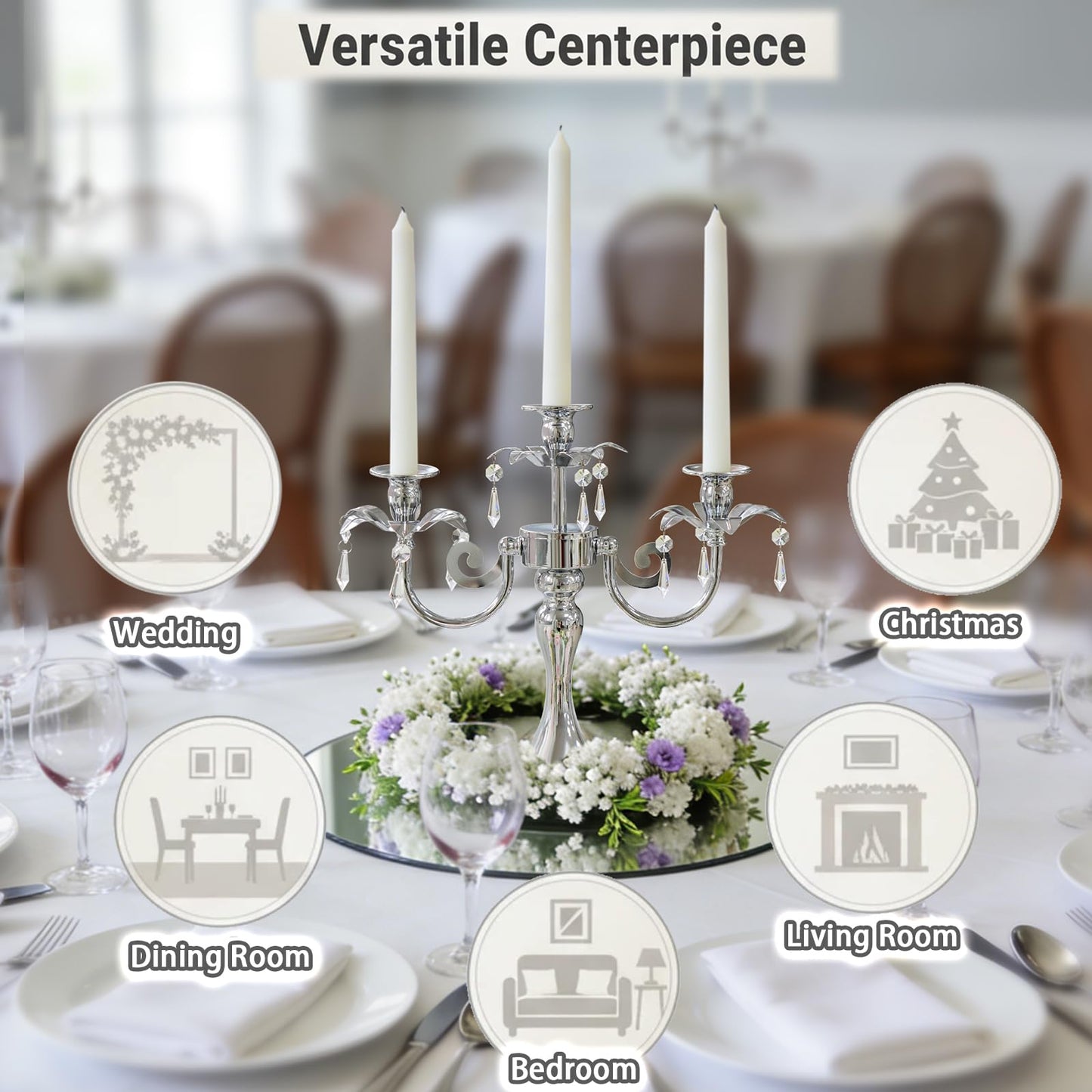 KEHAIL Metal 3 Arm Taper Candlestick Stand with Crystal Pendants - 11.8 Inch Tall Candle Holders, Elegant Centerpieces Candelabra for Wedding, Dining Table, Christmas Party (6Pcs, Silver)