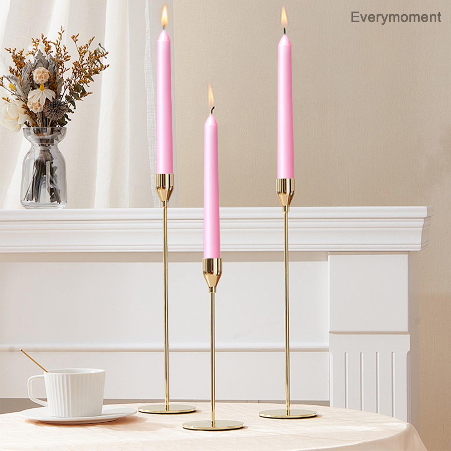 Everymoment Pink Taper Candles - 12 Pack 10 Inch Candlesticks - Dripless & Smokeless for 8 Hours - Unscented Paraffin Wax - Ideal for Wedding Mother’s Day Valentine's Day Baby Shower & Romantic Decor