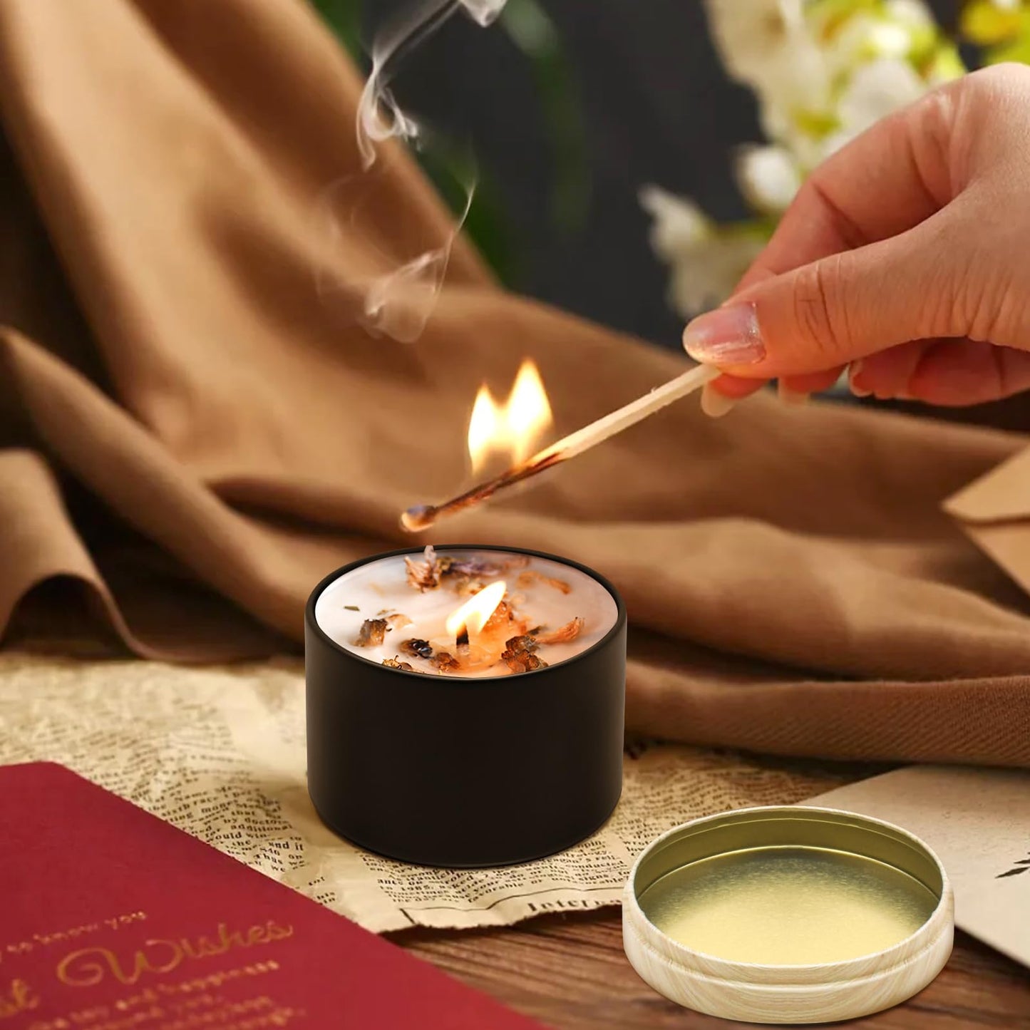 YJHSS 24-Pack 4oz Candle Tins with Wood-Grain Printing Lids, Metal Candle Jars for Candle Making, Empty Containers Vessels Bulk for Small Business & Beginners DIY Storage -Wood Black