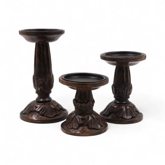Hosley Set of 3 Dark Brown Wood Pillar Candle Holders 8 Inches 6 Inches and 4.25 Inches High Ideal for LED and Pillar Candles Gifts for Weddings Party Home Spa Reiki Aromatherapy