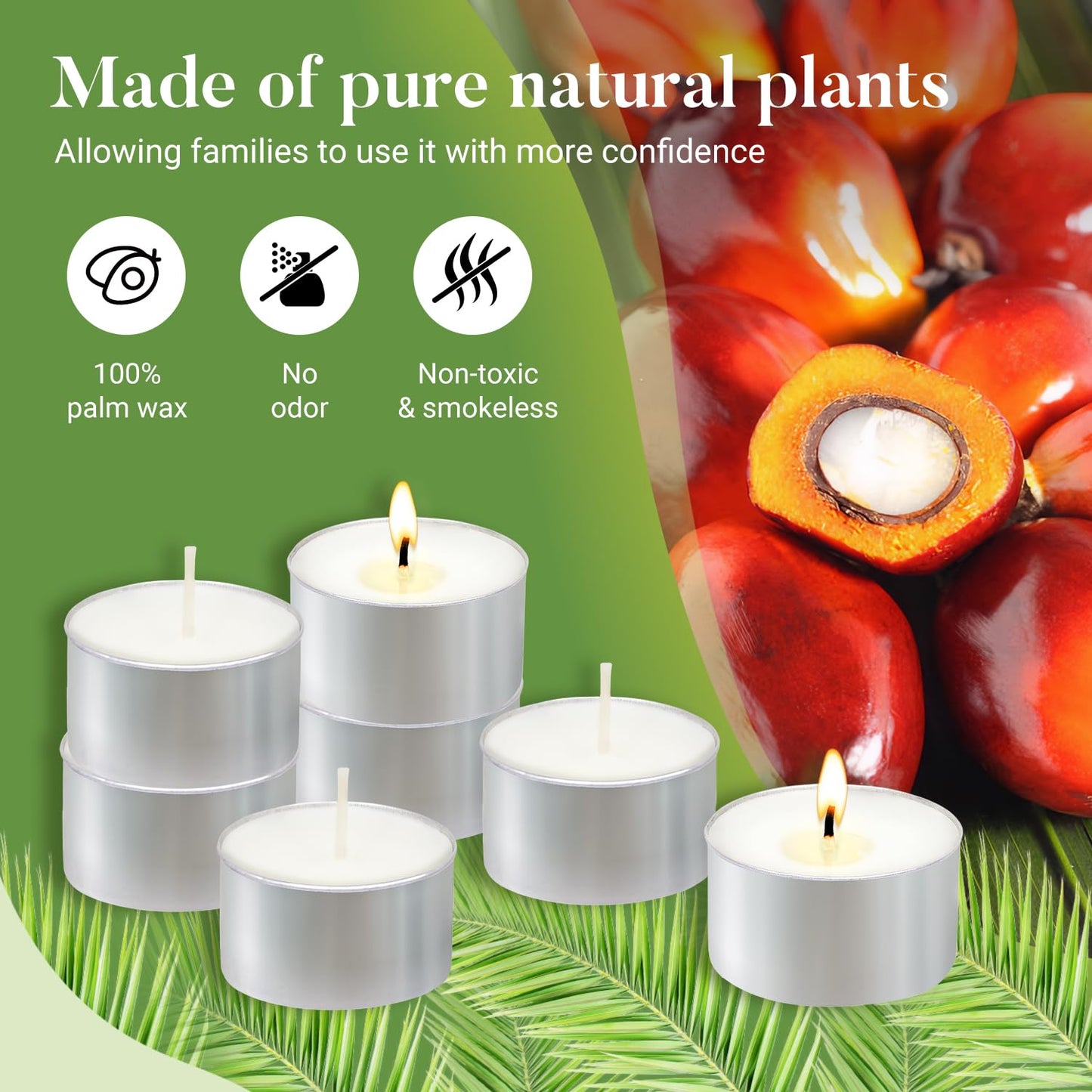 Unscented Tea Lights Candles 100 Pack,6 Hours Long Burning White Tea Candles Bulk,Non-Paraffin, Clean Burn, Smokeless, Palm Tealight Candles for Wedding,Centerpiece,Christmas Lights,Home Decor