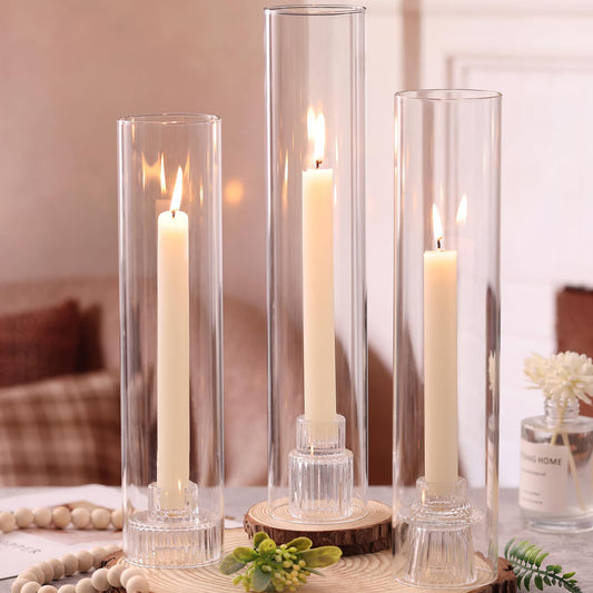 NITIME 3 Set Hurricane Glass Candle Holders for Taper Candles, Candlestick Holders with Windproof Glass Tubes(11.8"/12.6"/13.8" H), Taper Candle Holders for Table Centerpieces, Wedding, Party Decor