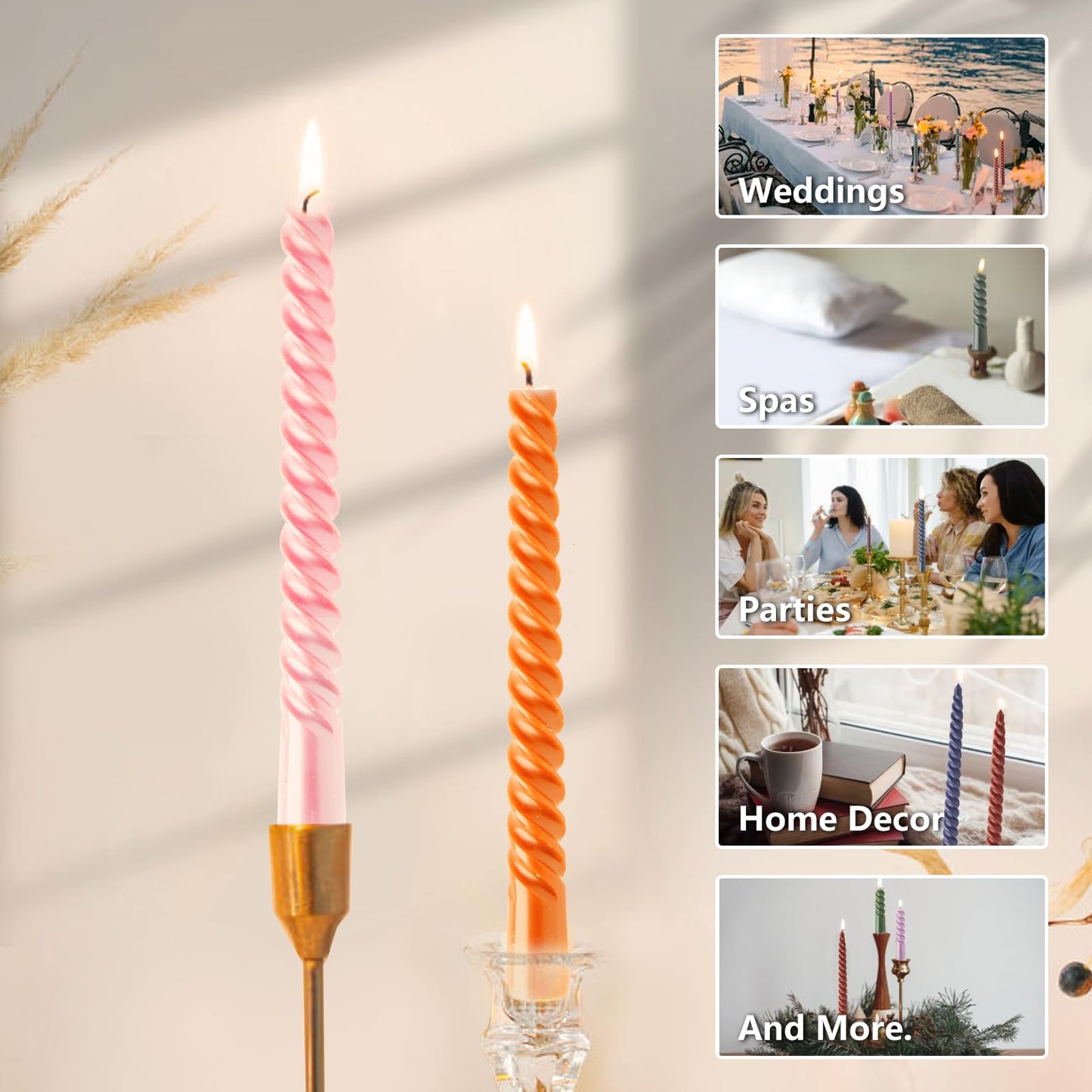 4 Pack Spiral Gradient Taper Candles – Long Pole Unscented Candles, Smokeless & Dripless, Gift Boxed for Wedding, Christmas, Table or Mantle Decor (Brown)
