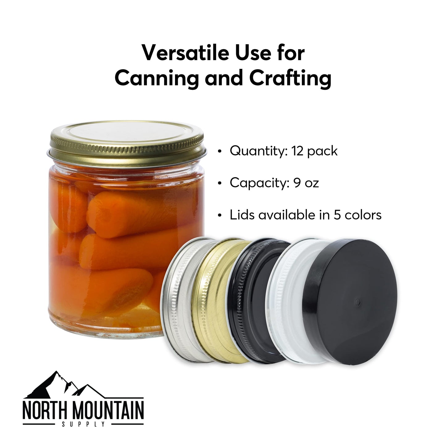 North Mountain Supply 9 Ounce Clear Glass Straight Sided Mason Canning Jars- With 70mm Black Plastic Lids - Case of 12