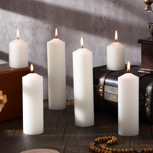 MTLEE 6 Pcs Pillar Candles 3 Set 2 in x 3, 6, 8 Inch Smokeless Dripless Unscented Pillar Candles Long Clean Burning Wax for Wedding Dinner Party Spa Emergency Ceremony Home Decor(White)