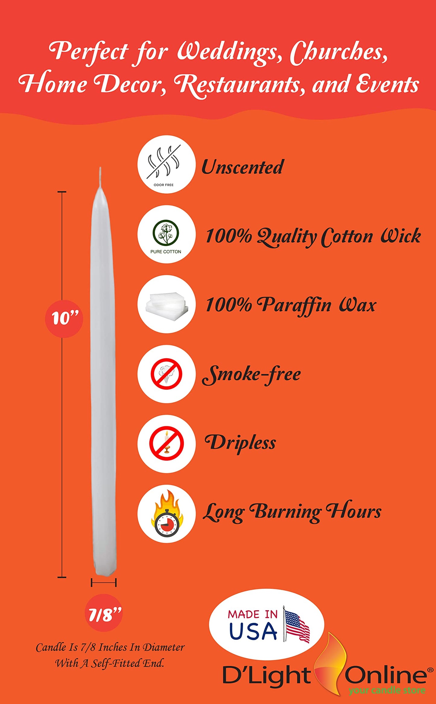 D'light Online White Taper Candles, 10 Inch Premium Quality Candles Hand-Dipped Tapered Candles, Dripless, Smokeless and Unwrapped Bulk Pack for Events - Set of 12 (10 Inch, White)