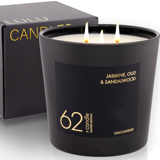 Lulu Candles | Jasmine, Oud & Sandalwood| Luxury Scented Soy Jar Candle | Hand Poured in The USA | Highly Scented Long Lasting (62 Oz. - XXLarge)