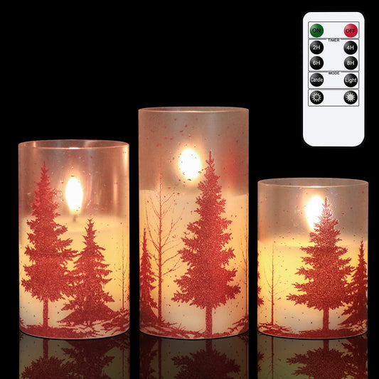 Wondise Glass Flameless Candles with Remote and Timer, Battery Operated Pine Tree Decals Pillar Candles for Home Decoration, Set of 3(D3 x H4/5/6 Inch)