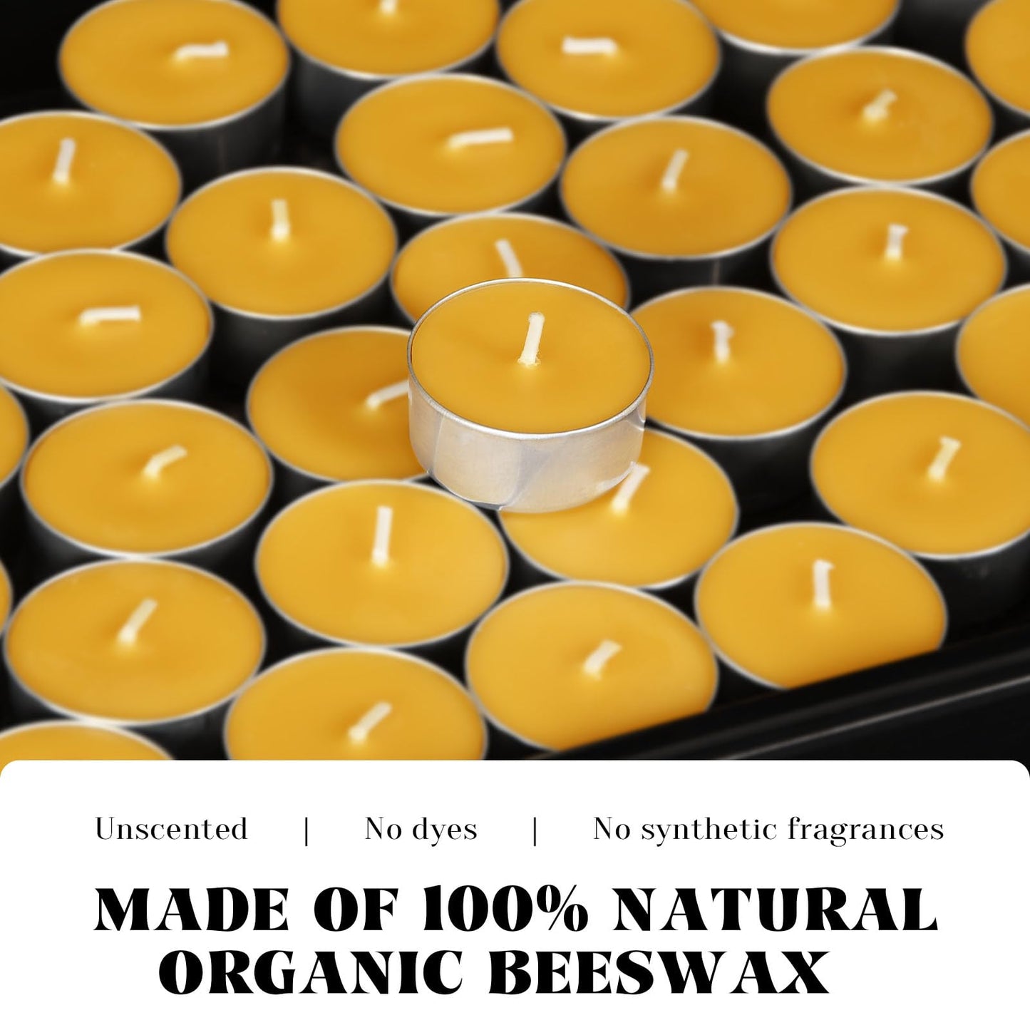 Natural Beeswax Tea Candles in Metal Aluminum Cup - Organic Mini Beeswax Candle Natural Scent Smokeless 4-5 Hours Long Burning - Yellow, Pack of 36