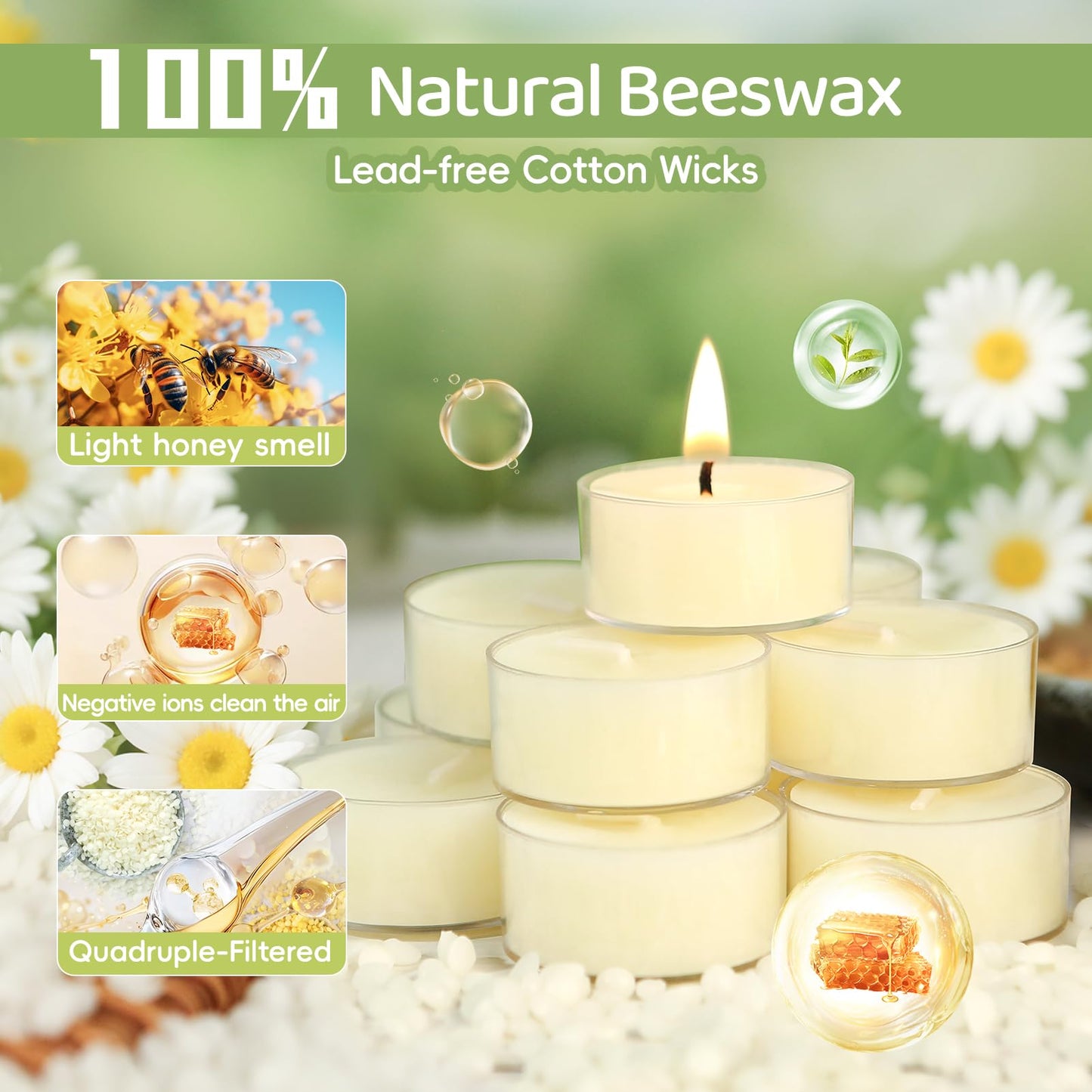36Pcs White Beeswax Tea Light Candles-4 Hour Burn Time,100% Pure Natural Beeswax-Clean Burning & Air Purifying, Smokeless Bulk Tea Lights for Spa,Meditation,Wedding & Home Decor