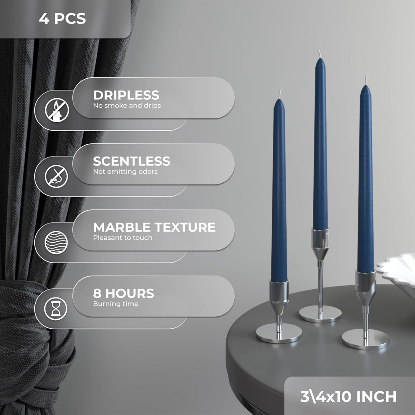 CANDWAX 10 Inch Taper Candles Set of 4 - Dripless and Unscented Candlesticks - Perfect for Dinner and Christmas - Dark Blue