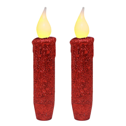 CVHOMEDECO. Glitter Flameless Candles Flickering Battery Operated LED Taper Candles with Timer for Home, Wedding, Halloween, Christmas Decor. Red, 4-3/4 Inch, Set of 2