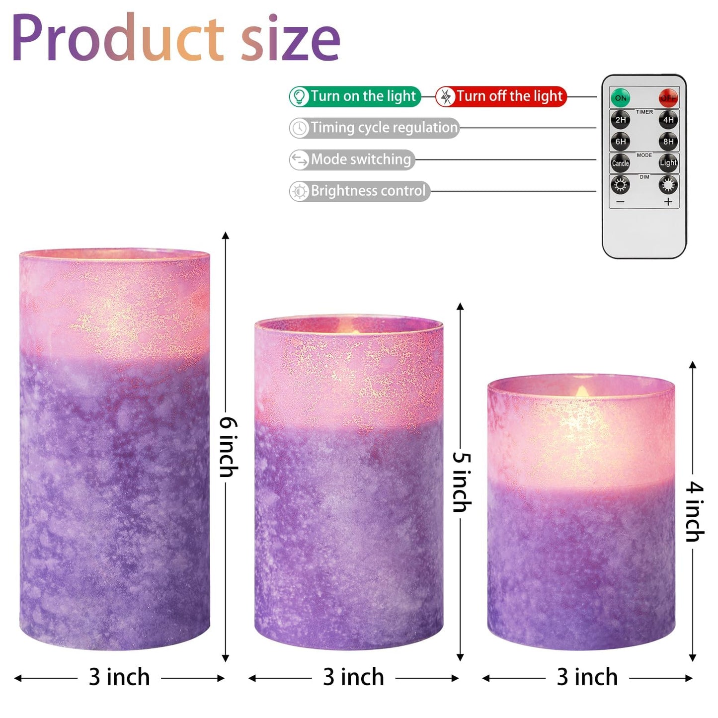 ANGELLOONG Purple LED Candles for Home Decor, Glass Flameless Candles with Remote, Set of 3 Battery Operated Pillar Candle for Fall Halloween Decoration