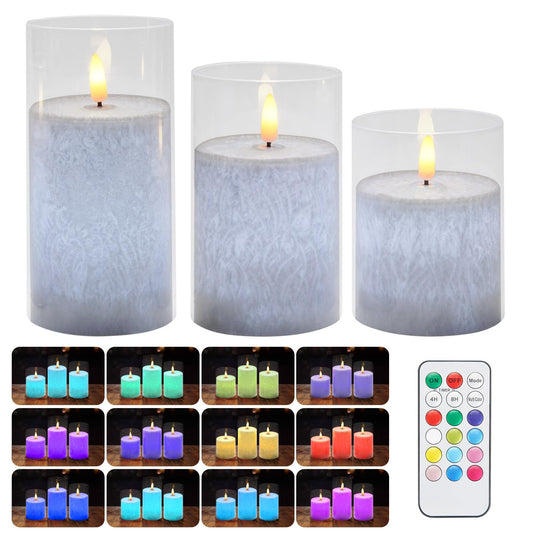 Flameless Candles, Battery Operated Led Flickering Flameless Candles 12 Color Changing, 3 Pack with Star String Lights, 3D Flickering FlameTimer & Remote Control Safe for Wedding Home Party Decor