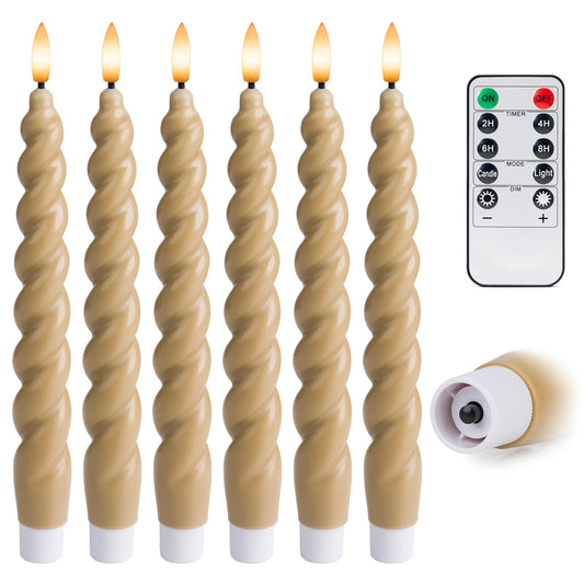 WYZworks 10" Flameless LED Taper Candles – Full Twisted Spiral – Light Tan, Set of 6 – Remote, 2/4/6/8-Hr Timer (24-hr Memory), Bottom On/Off Button, Dimmable, Battery Operated, Flicker/Steady